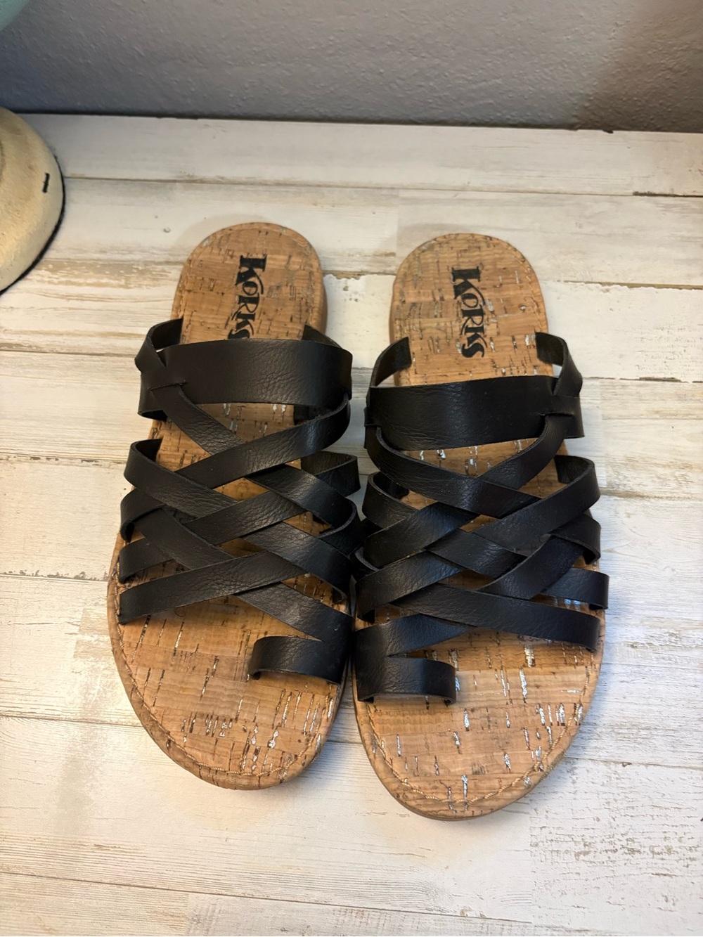Kork-Ease Black Leather Strappy Cork Slide Sandals